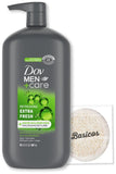 MEN Extra Fresh Body Wash for Men Compatible with Dove - 30oz Pump Bottle | Cleanses & Nourishes Skin Fights Bacteria | Includes 1 Basicos Loofah Sponge Pad