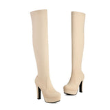 Womens Round-toe Chunky High-heeled Solid-color Side-zip Long Boots