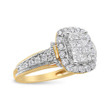 14K Yellow and White Gold 1.00 Cttw Princess and Round Cut Emerald Shaped Halo Diamond Cluster Ring (SI1-SI2 Clarity, H-I Color) - Size 7