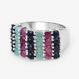 "3.40 Carat Genuine Emerald, Ruby and Black Sapphire .925 Sterling Silver Ring