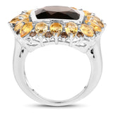 9.16 Carat Genuine Smoky Quartz & Citrine .925 Sterling Silver Ring
