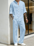 Mens Solid-Color Linen Long-Sleeve Shirt And Pants Two-Piece Set