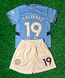 J Alvarez 19 Kids Soccer Jersey Man City Home Kids Youth & Toddler Jersey Kit