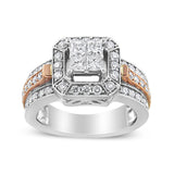 14K White and Rose Gold 1 1/8 Cttw Princess and Round-Cut Diamond Art Deco Style Triple Shank Halo Cocktail Ring (I-J Color, SI2-I1 Clarity) - Size 7