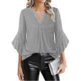 Womens Casual Silver-Thread Mesh V-Neck Petal Three-Quarter Sleeve Loose Top