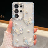 Glitter Powder Pearl Butterfly Style Phone Case With Rhinestones