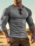 Mens Round-neck Solid-color Long-sleeve Top With Buttons