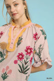 Umgee Floral Puff Sleeve Blouse with Scallop Trim Collar
