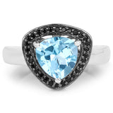 2.06 Carat Genuine Swiss Blue Topaz and Black Diamond .925 Sterling Silver Ring