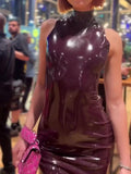 Patent Leather Halter Cross-Strap Mermaid Maxi Dress