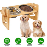 5°Tilt Bamboo Double Elevated Dog Bowls with 4 Adjustable Heights