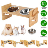 5°Tilt Bamboo Double Elevated Dog Bowls with 4 Adjustable Heights