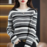 Versatile Loose-fitting Round-neck Striped Knit Top For Fallwinterstylish And Perfect As A Base Layer
