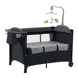 6-in-1 Foldable Baby Crib with Activity Center Diaper Changing Table