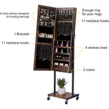 6 LEDs Mirror Jewelry Cabinet Armoire with Wheels