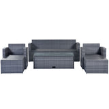 6-piece All-Weather Wicker PE rattan Patio Outdoor Dining Conversation Sectional Set with coffee table, wicker sofas, ottomans, removable cushions (Black wicker, Beige cushion)