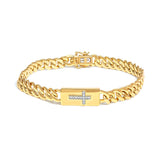 14K Yellow Gold Plated .925 Sterling Silver Diamond Accent Inlaid Cross Cuban Link Bracelet (I-J Color, I3 Clarity)-  7.25"