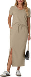 GRECERELLE Women Summer Casual 2 Piece Sets V-Neck Wrinkle-Free Top & Elastic Waist Midi Side Slit Skirt with Pockets(XS-3XL)