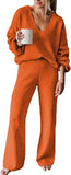 Viottiset Women's 2 Piece Outfits Casual V Neck Knit Wide Leg Sweater Lounge Set Sweatsuit