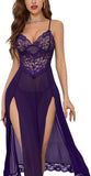 Sexy Split Mesh Lace Floral Sheer Babydoll Lingerie Outfit Dress 2 Piece with Thong Set