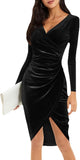 Women's V Neck Wrap Sexy Velvet Long Sleeve Elegant Bodycon Ruched Cocktail Party