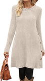 OFEEFAN Fall and Winter Tunic Dress with Pockets Long Sleeve Crew Neck Buttons Side
