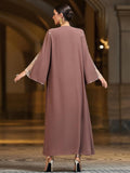 Handmade Beaded Open Front Robe Coat, Elegant Long Sleeve Outerwear Women's Modest Cover-Up, NO INNER, Mauve Brown