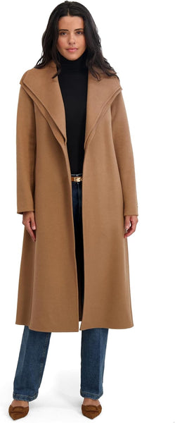 TAHARI Women's Slim Fit Double-Faced Wool Blend Wrap Coat with Tie Belt – Longline Silhouette, Camel, X-Large