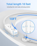 Flat Plug Extension Cord with 3 Outlets - 10 ft White Low Profile Indoor 3 Prong Grounded Power Strip for Home Office & Travel - 16/3 AWG, 13A/1625W