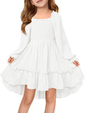 Haloumoning Girls Lantern Long Sleeve Dresses Kids Square Neck High Low Hem Smocked Fall Dress 5-14 Years