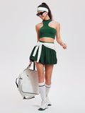 Airfree 2 Piece Sets for Women Tennis Skirt Set Mock Neck Sports Bra Irregular Crop Tank Bubble Skirt Outfits Set