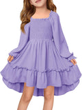Haloumoning Girls Lantern Long Sleeve Dresses Kids Square Neck High Low Hem Smocked Fall Dress 5-14 Years