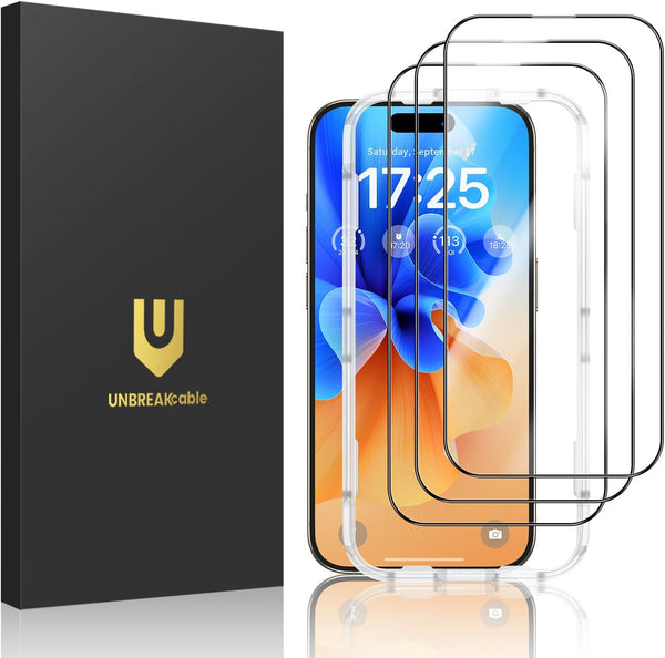 UNBREAKcable 3-Pack Glass for iPhone 15 Pro Screen Protector, Double Shatterproof Tempered Glass [Easy Installation Frame] [9H Hardness] [Full Coverage] [HD Clear] for iPhone 15Pro 6.1 inch
