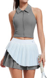 Airfree Tennis Skirt Sets for Women Outfits Lapel Collar Sleeveless Vests Patchwork Pleated Skirt Sets