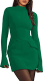 OFEEFAN Women's Fall Long Sleeve Mock Neck Dress Basic Party Club Bodycon Mini Dresses