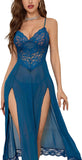 Sexy Split Mesh Lace Floral Sheer Babydoll Lingerie Outfit Dress 2 Piece with Thong Set