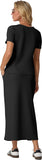 GRECERELLE Women Summer Casual 2 Piece Sets V-Neck Wrinkle-Free Top & Elastic Waist Midi Side Slit Skirt with Pockets(XS-3XL)