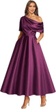 Tea Length Mother of Bride Dresses for Women Satin One Shoulder Wedding Guest Dress Formal Evening Party Gown with Pocket