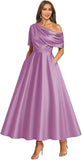 Tea Length Mother of Bride Dresses for Women Satin One Shoulder Wedding Guest Dress Formal Evening Party Gown with Pocket