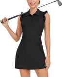 WOWENY Tennis Dress Polo Buttons Golf Dresses with Built in Shorts and Pockets Ruffle Sleeveless Athletic Workout Dress