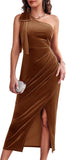 Wenrine Women's One Shoulder Velvet Dresses Slim Fitted Slit Faux Wrap Sexy Bodycon Evening Dress