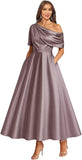 Tea Length Mother of Bride Dresses for Women Satin One Shoulder Wedding Guest Dress Formal Evening Party Gown with Pocket