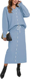 Pink Queen 2025 Women's 2 Piece Sweater Set V Neck Rib Knit Long Sleeve Maxi Bodycon Skirt Casual Outfits