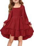 Haloumoning Girls Lantern Long Sleeve Dresses Kids Square Neck High Low Hem Smocked Fall Dress 5-14 Years