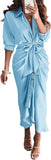 BTFBM Summer Dresses for Women 2025 Long Sleeve Lapel V Neck Button Down Elegant Belted Ruched Satin Shirt Fall Dress