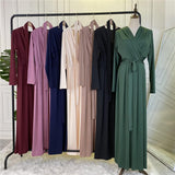 FPOVFPO Women's Muslim Abaya Dress - One-Piece V Neck Belt Tie Islamic Full Length Kaftan Daily Casual Dress