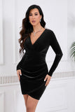 IHOT 2025 Women's Sexy V Neck Long Sleeve Velvet Bodycon Ruched Faux Wrap Cocktail Party Dress