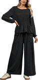 Womens 2-Piece Boho Long Sleeve Smocked Top & Wide Leg Pants Set Casual Lounge Outfit with Pockets