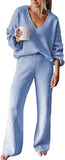 Viottiset Women's 2 Piece Outfits Casual V Neck Knit Wide Leg Sweater Lounge Set Sweatsuit