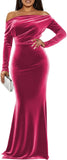 Off The Shoulder Velvet Formal Dresses Mermaid Long Sleeve Wedding Guest Dress Wrap Evening Dress